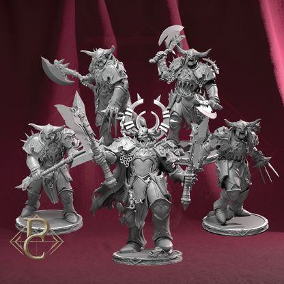 Five detailed fantasy figurines on a red background