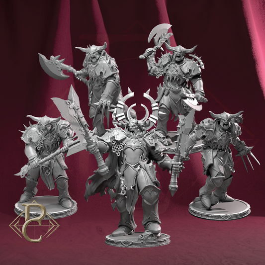 Five detailed fantasy figurines on a red background