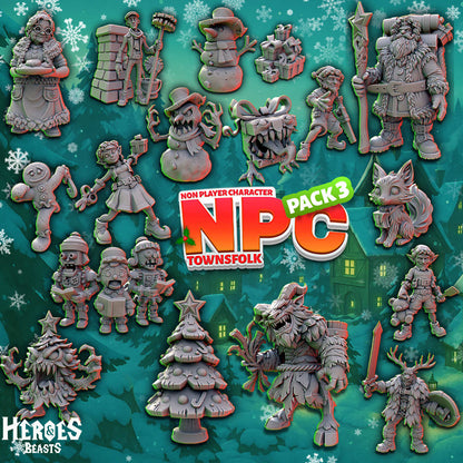 A promotional collage for a non-player character pack featuring multiple gray unpainted tabletop fantasy and holiday-themed miniatures on a teal snowy background. The center text reads 'NPC Townsfolk Pack 3,' with the 'Heroes of the Beast' logo in the lower left.