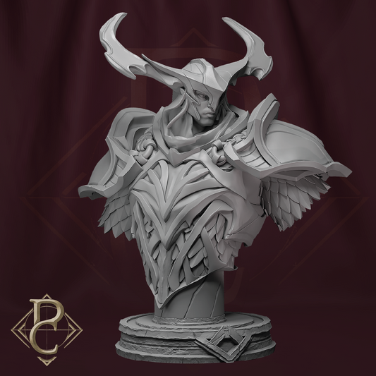 Gray sculpture of a fantasy character with intricate detailing on a dark red background