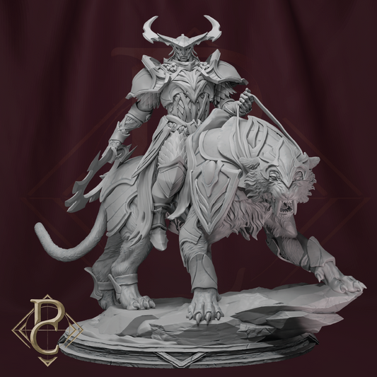 Gray-scale figurine of a warrior on a lion-like creature with a dark red background