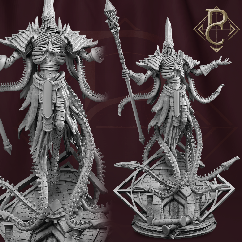 Two detailed fantasy figurines with intricate designs on a dark red background.
