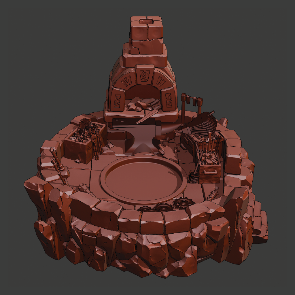 A 3D isometric render of a fantasy stone workshop or forge platform, featuring an anvil, furnace, workbench, and stone walls, rendered in a uniform reddish-brown color against a dark gray background.