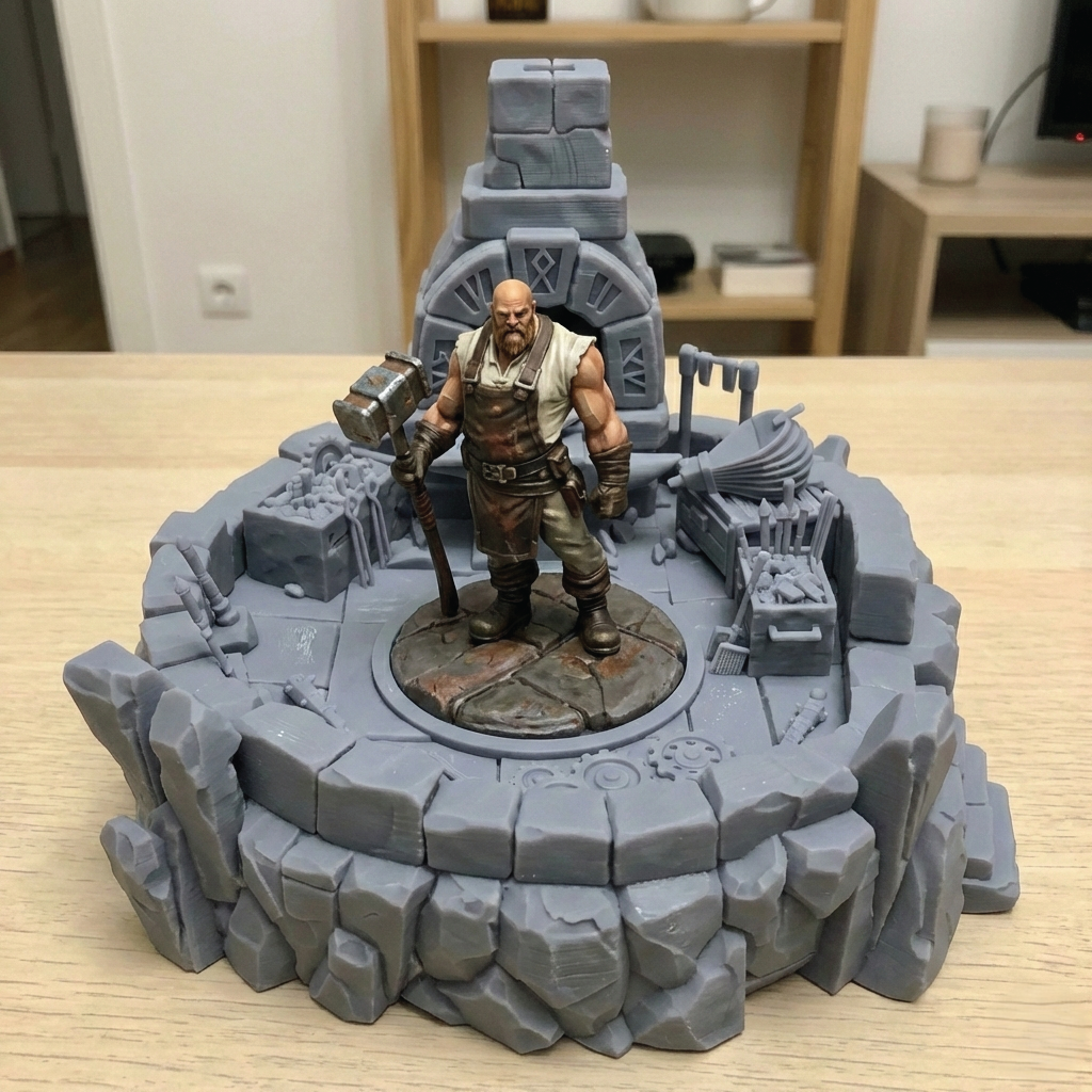 A painted fantasy tabletop miniature of a muscular warrior holding a large hammer, posed on a circular base with a gray stone platform, wall, and workshop-style accessories. The miniature is photographed on a light wood tabletop with a blurred indoor room in the background.