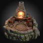 A fantasy stone forge and anvil setup on a circular stone platform, with glowing fire in the forge, an anvil, workbench, crates, and tools, shown against a dark gradient background.