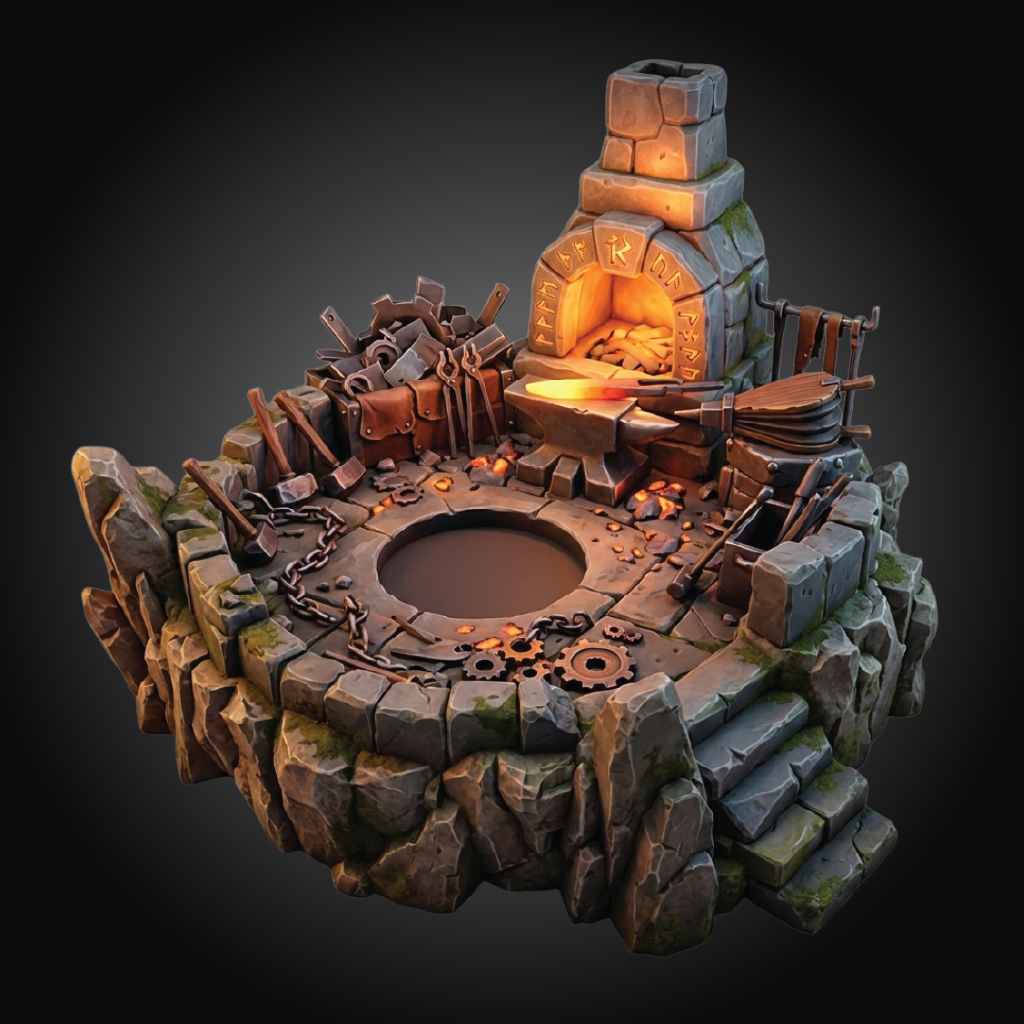 A fantasy stone forge and anvil set on a rocky platform, with glowing orange fire inside the forge, scattered tools, gears, and chains on a dark gray background.