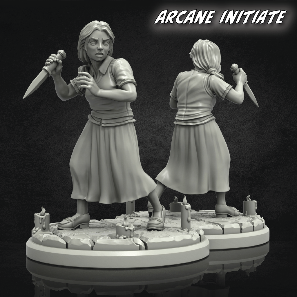 Gray resin figure of a woman holding a knife on a dark background with 'Arcane Initiate' text.
