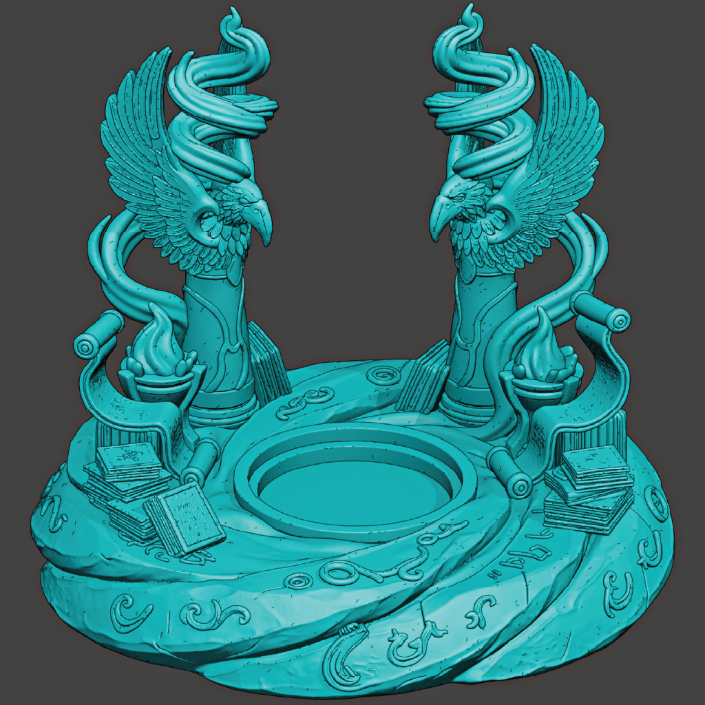 Turquoise fantasy sculpture with winged creatures and circular design on a dark background
