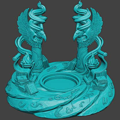 Turquoise fantasy sculpture with winged creatures and circular design on a dark background