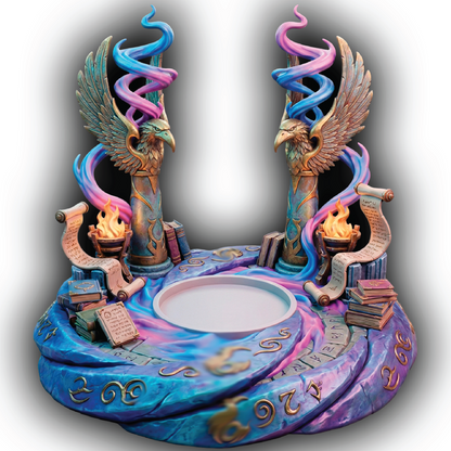 Decorative figurine with winged creatures, books, and candles on a white background
