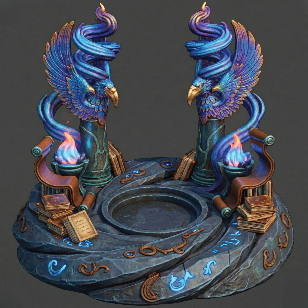 Decorative piece with blue bird-like creatures, books, and flames on a dark background