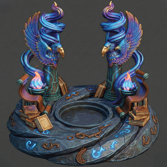 Decorative piece with blue bird-like creatures, books, and flames on a dark background