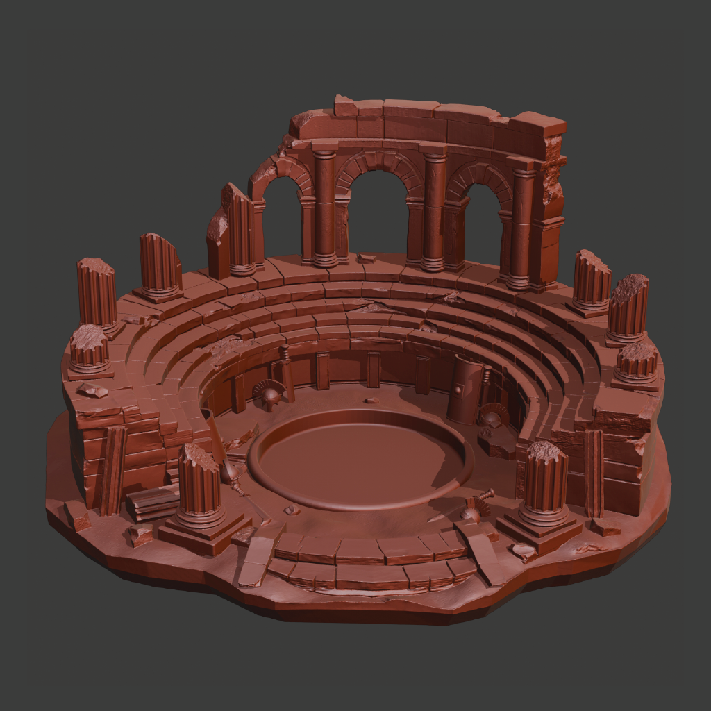 A 3D-rendered ancient amphitheater ruin model in a uniform reddish-brown color, shown against a solid dark gray background.