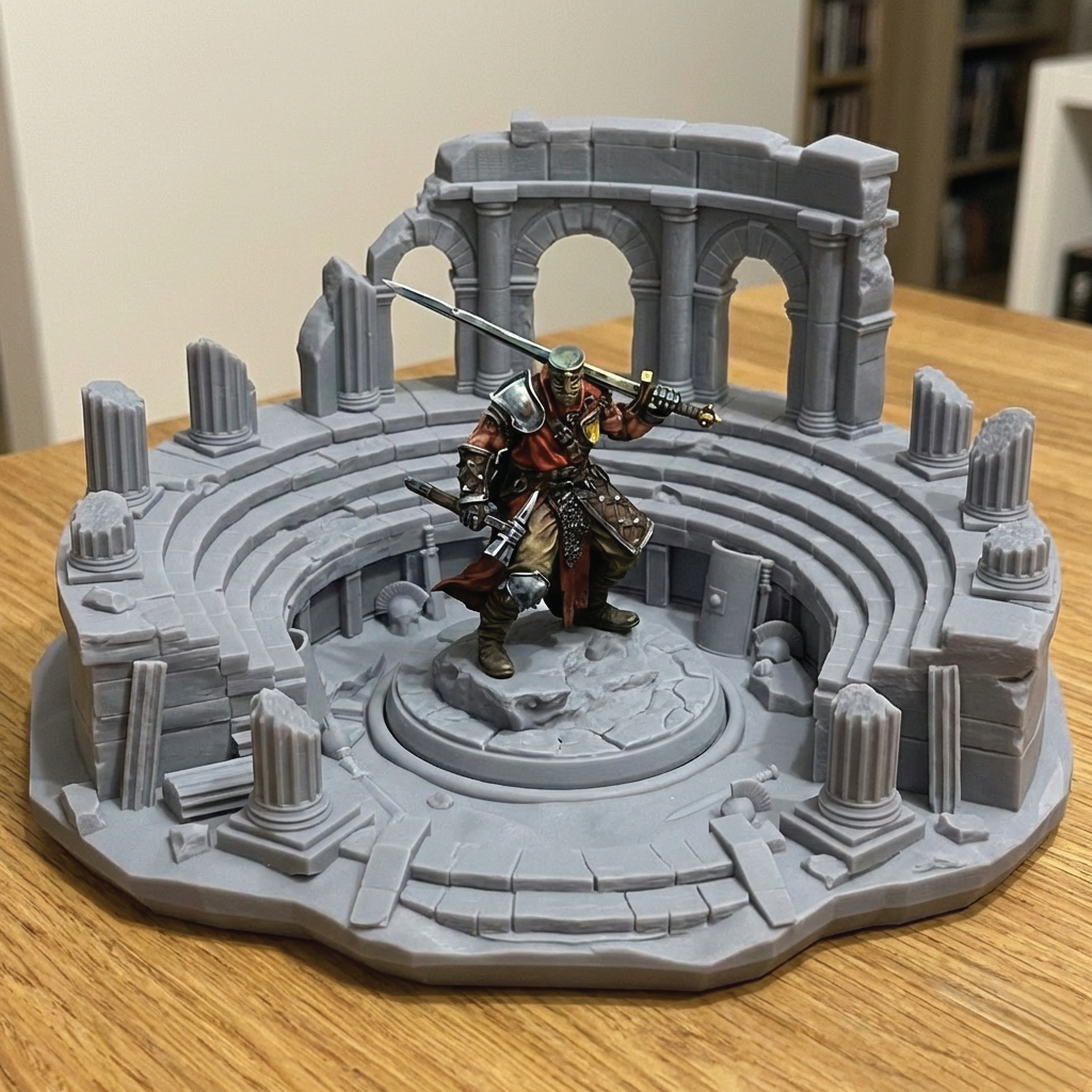 A painted tabletop miniature of a fantasy warrior standing inside a gray circular arena set with stone arches and ruins, photographed on a wooden tabletop.