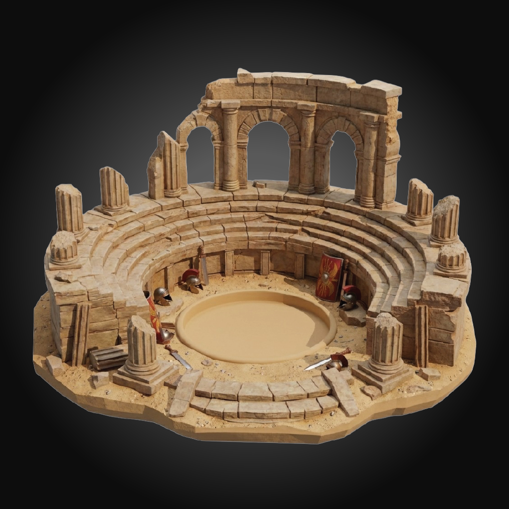 A miniature diorama model of an ancient stone amphitheater, featuring tiered stone seating, arches, columns, and a sandy arena floor, shown on a dark gradient background.