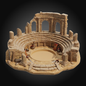 A miniature diorama model of an ancient stone amphitheater, featuring tiered stone seating, arches, columns, and a sandy arena floor, shown on a dark gradient background.