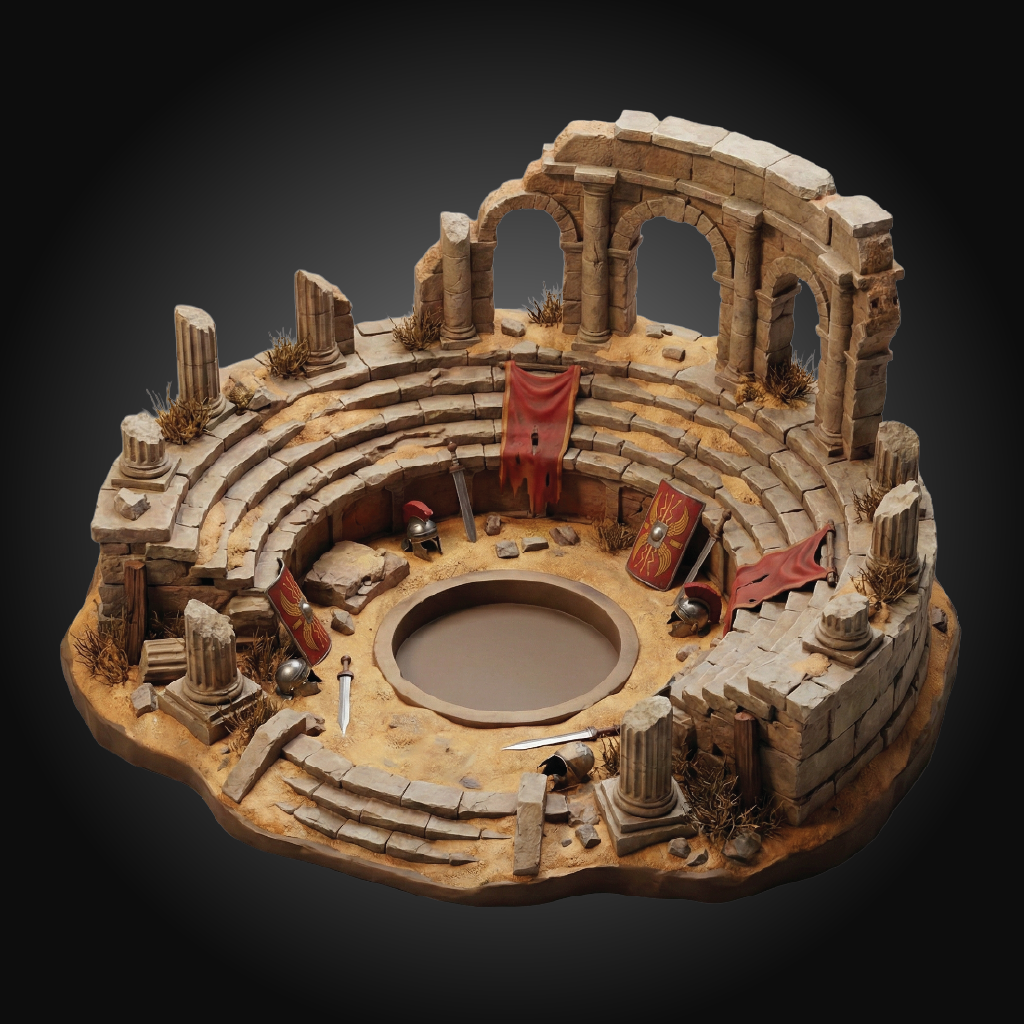 A miniature diorama of an ancient stone amphitheater, featuring detailed ruins, tiered seating, a circular pit, and small medieval-style accessories including flags, shields, helmets, and swords, displayed on a dark gradient background.