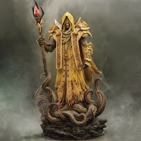 Statue of a character in ornate armor with a staff, surrounded by tentacles on a dark background