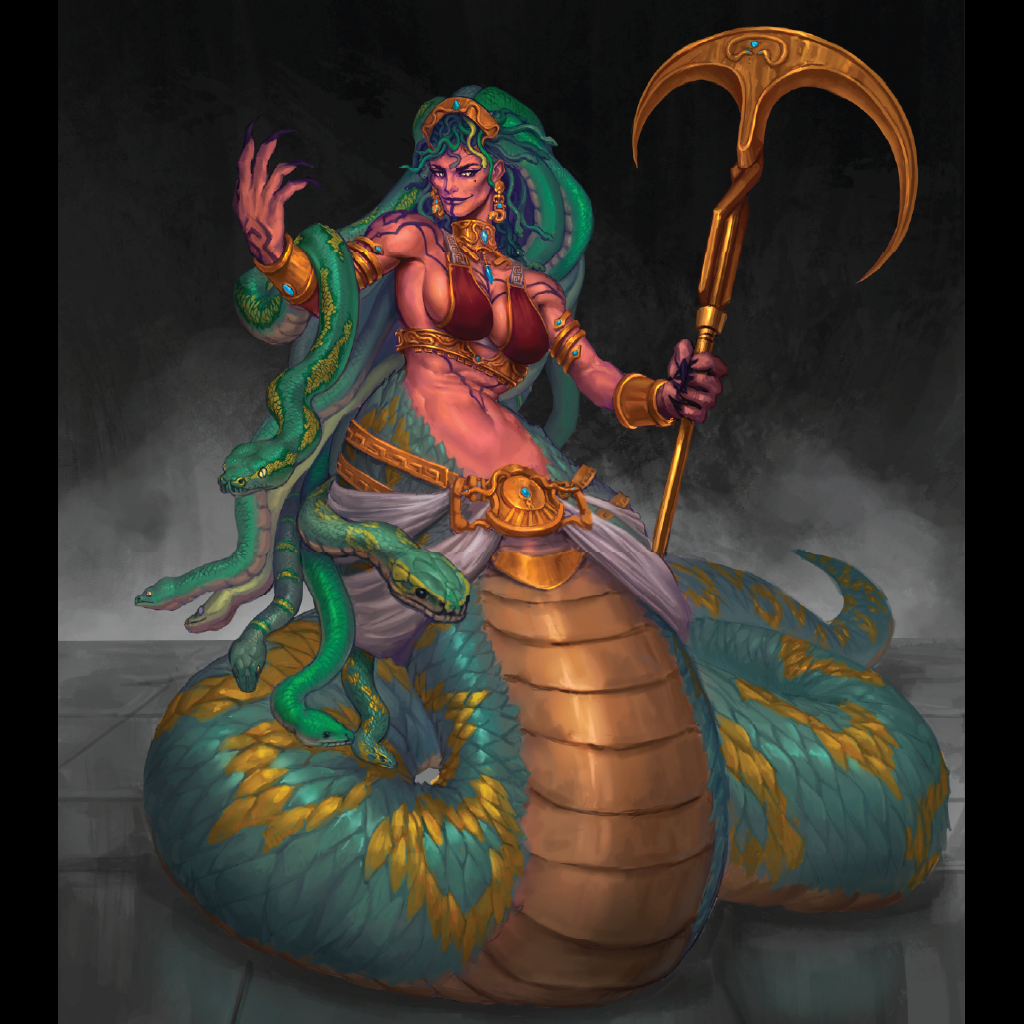 Concept art of Medusa holding a long pole weapon