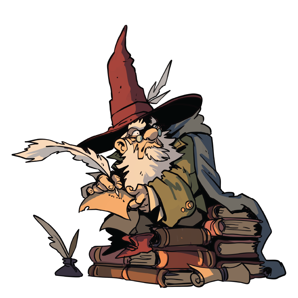 Cartoon wizard character with a hat, books, and a quill on a white background