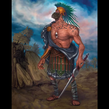 Martial figure with armor and a sword against a landscape background