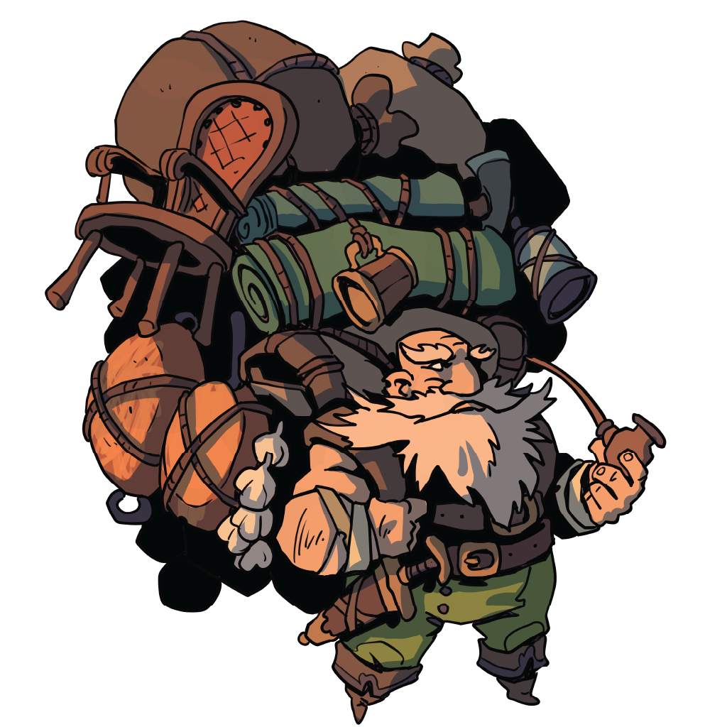 An artistic render of a dwarf explorer with a massive pack of supplies on his back, holding a pipe