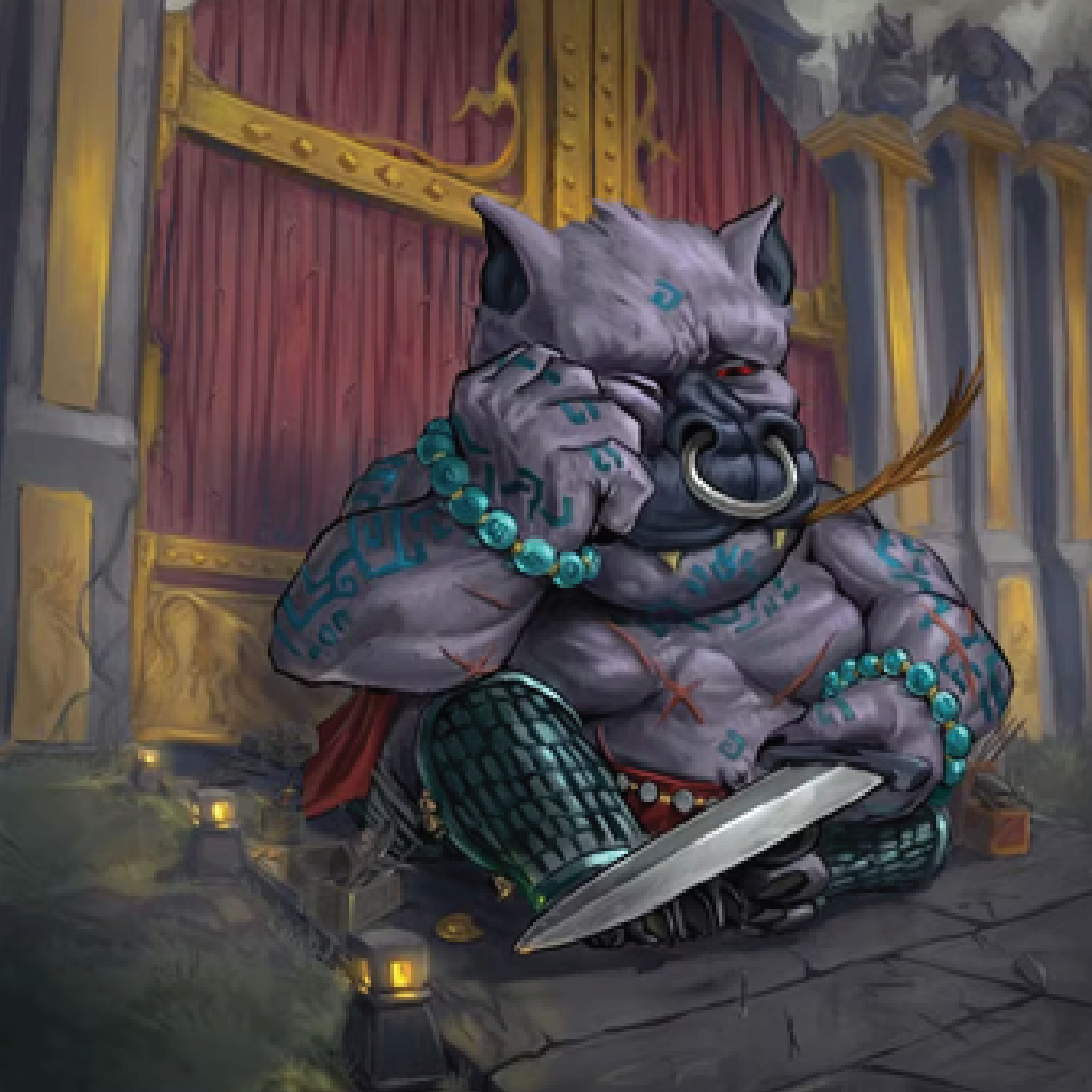 Concept artwork of the Gate Watcher, a large humanoid boar guardian tattooed and armed with a large sword