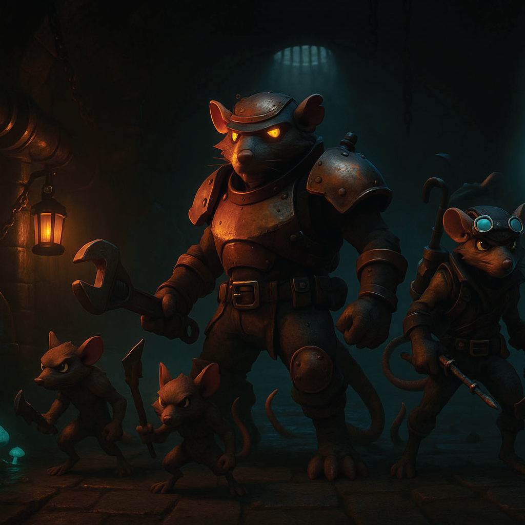 Thematic artwork of steampunk ratkin prowling a dimly lit sewer tunnel