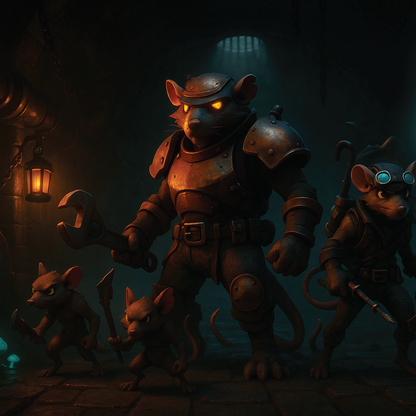 Thematic artwork of steampunk ratkin prowling a dimly lit sewer tunnel
