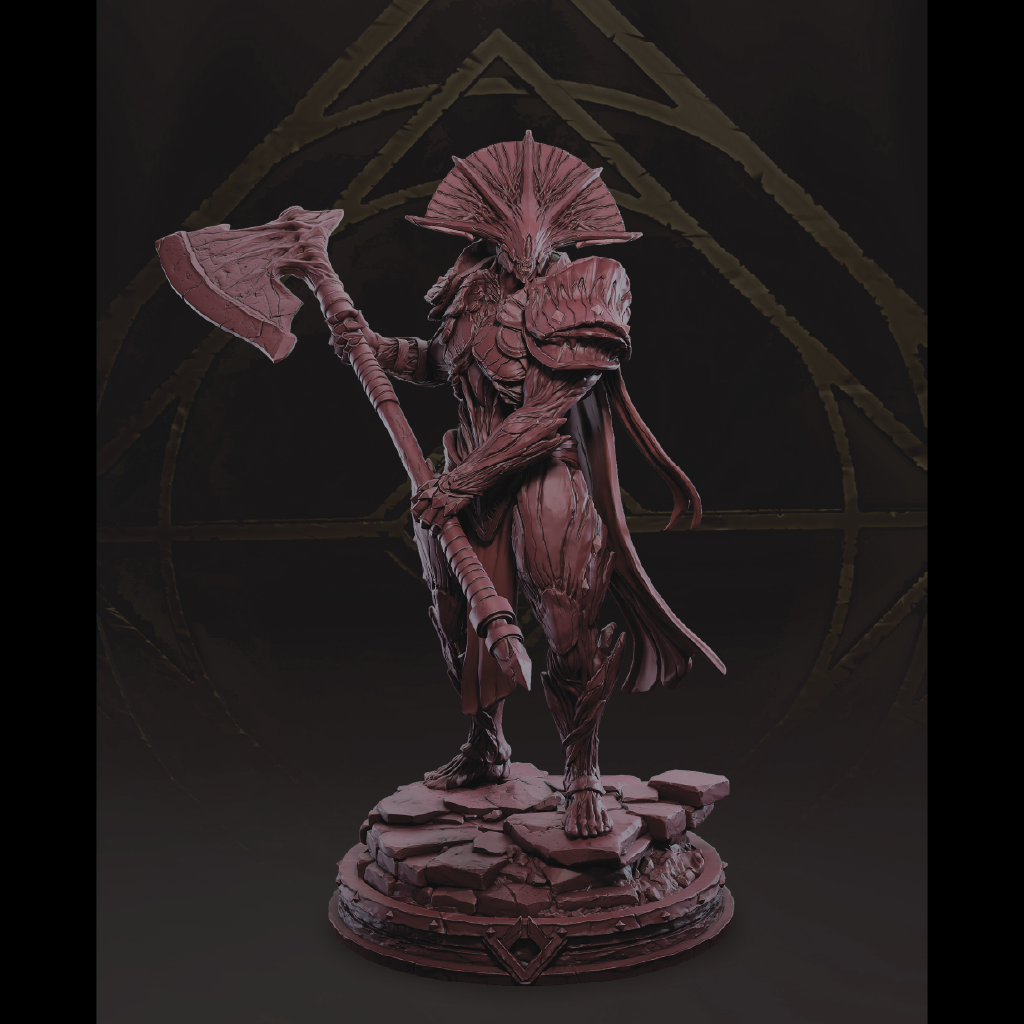 Statue of a warrior with armor and axe on a dark background