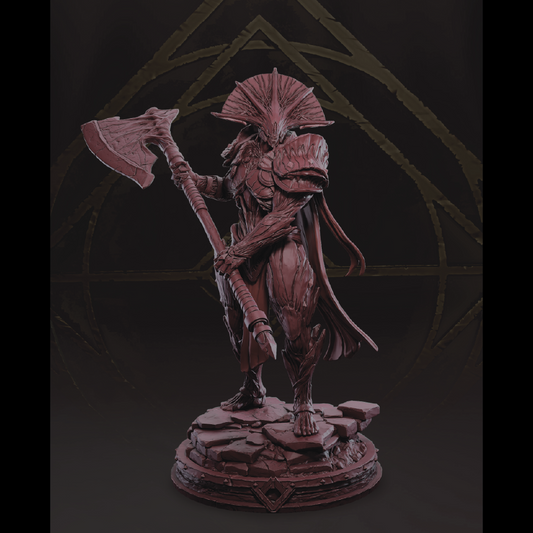 Statue of a warrior with armor and axe on a dark background