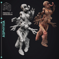 Two artistic figurines labeled 'Asphyxia' with 'Printed Obsession' branding on a dark background.