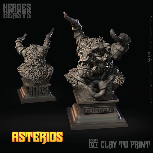 A 3D render showing two unpainted gray resin figures of the character Asterios from Heroes of the Beasts, displayed on a black background with product text overlays.