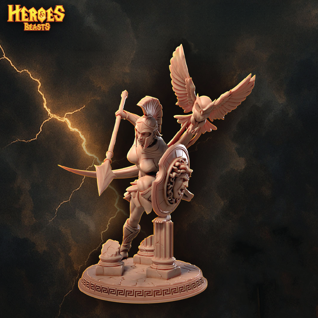 Goddess figurine with wings and spear on a dark background with 'Heroes & Beasts' logo.