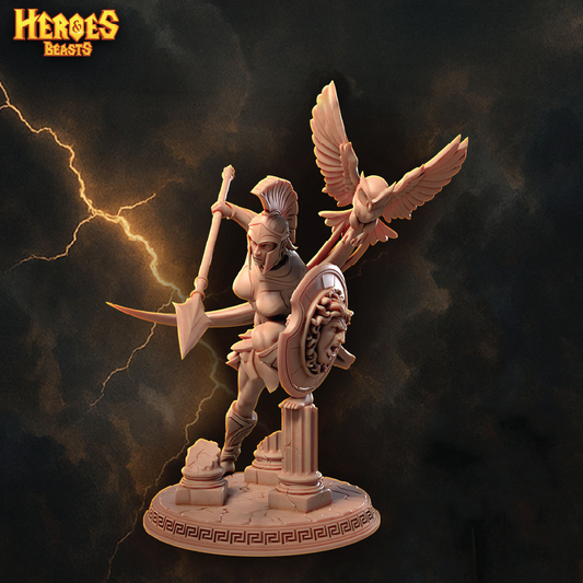 Goddess figurine with wings and spear on a dark background with 'Heroes & Beasts' logo.