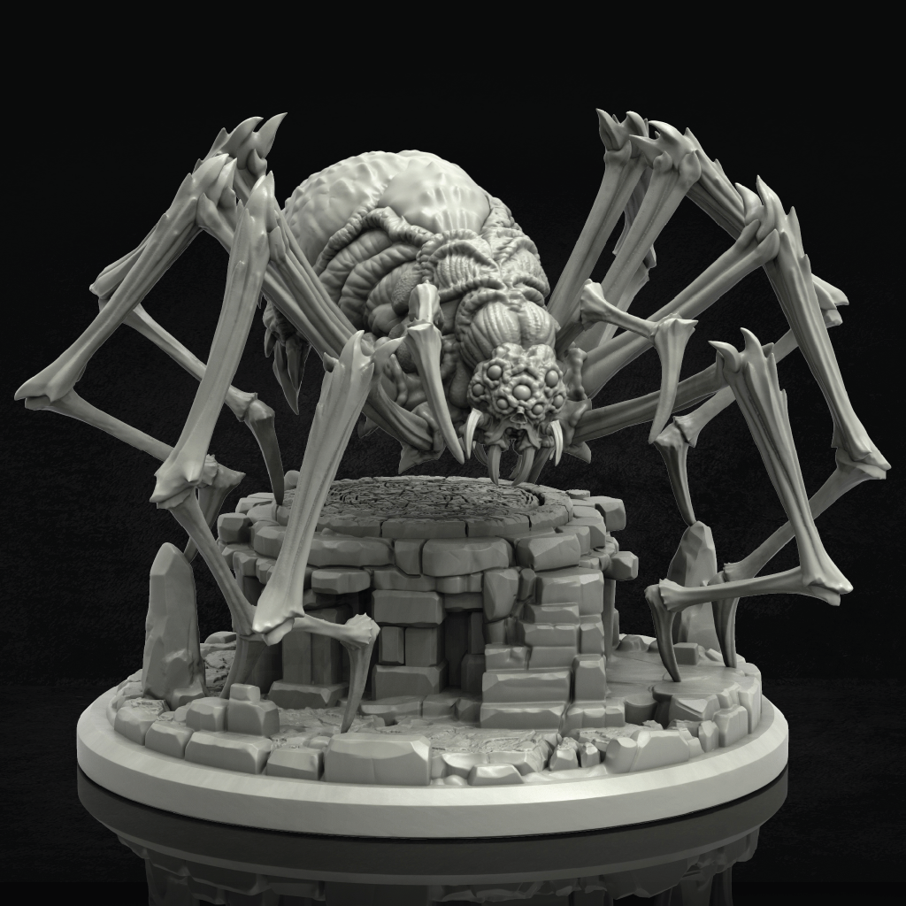A gray 3D-printed unpainted miniature of a monstrous spider-like creature with large bone-like legs and a skull-like head, standing over a ruined stone pedestal on a circular base against a black background.