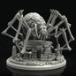 A gray 3D-printed unpainted miniature of a monstrous spider-like creature with large bone-like legs and a skull-like head, standing over a ruined stone pedestal on a circular base against a black background.