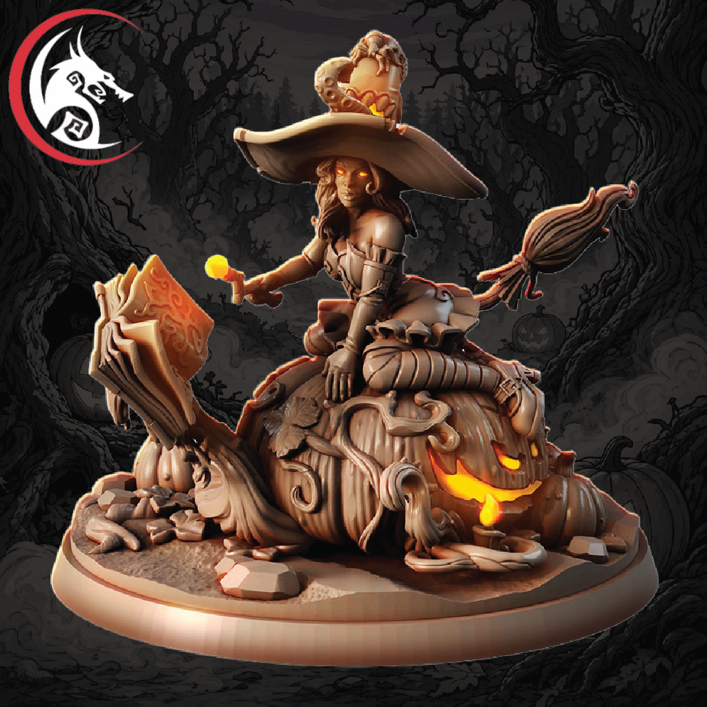 A fantasy tabletop miniature sculpture of a witch riding a pumpkin-skull creature on a round base, shown against a dark spooky tree background. A red and black dragon-head logo appears in the top-left corner.
