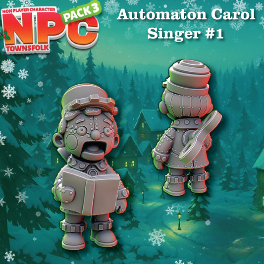 Promotional artwork for an NPC character pack showing two 3D-rendered robot-like holiday figures in a snowy forest scene. Large text reads 'NPC Townsfolk Pack 3' and 'Automaton Carol Singer #1'.