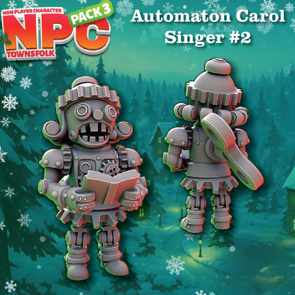 Promotional artwork for an NPC character pack showing a steampunk-style robot/carpenter character from front and back, with the text 'NPC Townsfolk Pack 3' and 'Automaton Carol Singer #2' over a snowy forest background.