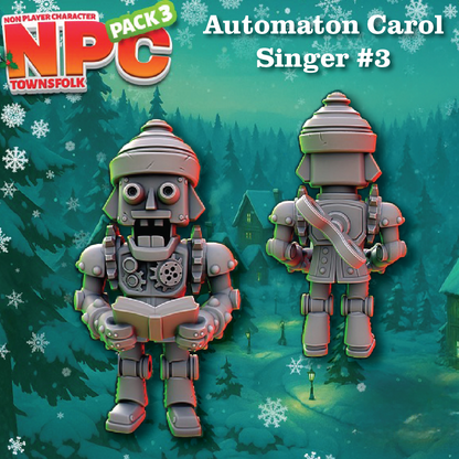 Promotional artwork for an NPC character pack showing two views of an automaton robot named Carol Singer #3 in a snowy Christmas village setting. The left figure faces forward holding a book, and the right figure faces sideways holding a tray.