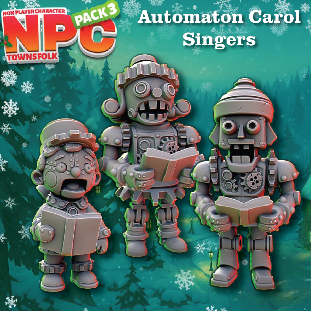 Promotional graphic for an NPC character pack featuring three robot-like Christmas carol singers. The text reads 'NPC Townsfolk Pack 3 Automaton Carol Singers' over a festive teal forest background with snowflakes.