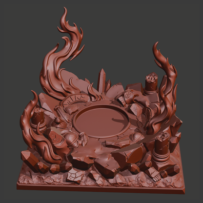 A 3D-rendered fantasy tabletop gaming base featuring a circular pit surrounded by cracked stone, runes, crystals, and stylized flames in a uniform reddish-brown color, shown on a dark gray background.