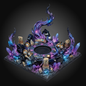 A highly detailed fantasy tabletop gaming terrain piece featuring a central black circular pit surrounded by glowing purple and blue crystals, runes, runes, and armored figures on a dark textured base.