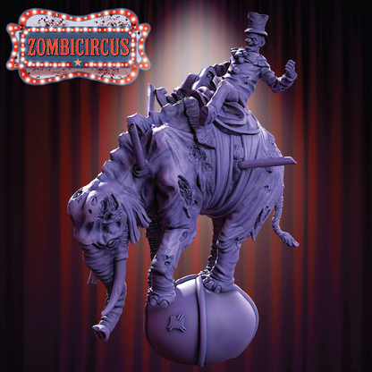 Zombie elephant and rider sculpture with Zombicircus logo on a dark background