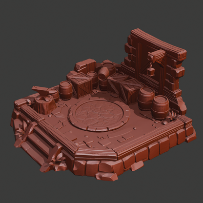 A 3D-rendered fantasy workshop or alchemy base model in a uniform reddish-brown color, featuring a circular worktable, barrels, crates, and a wooden structure, shown on a dark gray background.
