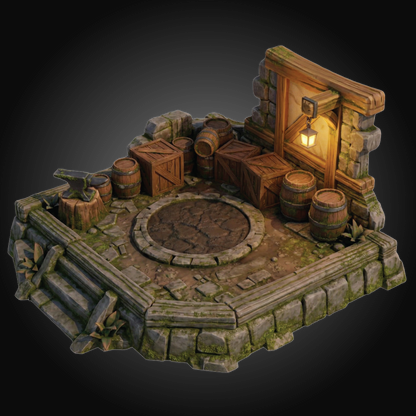 A miniature tabletop gaming terrain piece depicting a stone and wood workshop or forge base, featuring a circular stone well, wooden crates, barrels, anvil, and a stone wall with a glowing lantern.