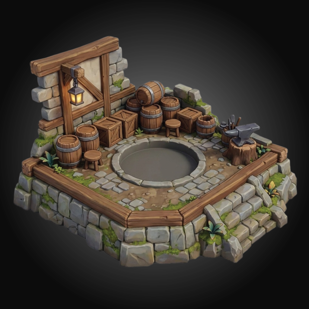 A 3D-rendered medieval workshop or tavern corner with a stone-and-wood platform, circular opening, barrels, crates, lantern, workbench, and anvil on a dark gradient background.