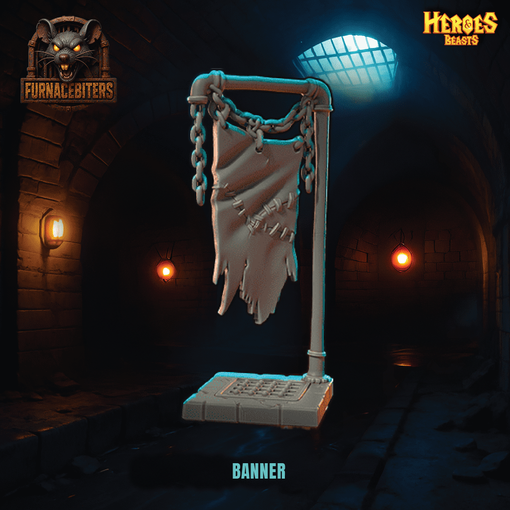 Decorative banner with chains in a dark, dungeon-like setting with 'Heroes & Beasts' branding.