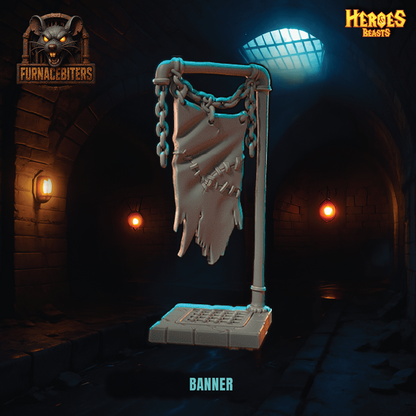 Decorative banner with chains in a dark, dungeon-like setting with 'Heroes & Beasts' branding.